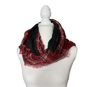 Plaid Lace Infinity Scarf Frayed Raw Edges Mesh Lining Flannel Circle Red Black